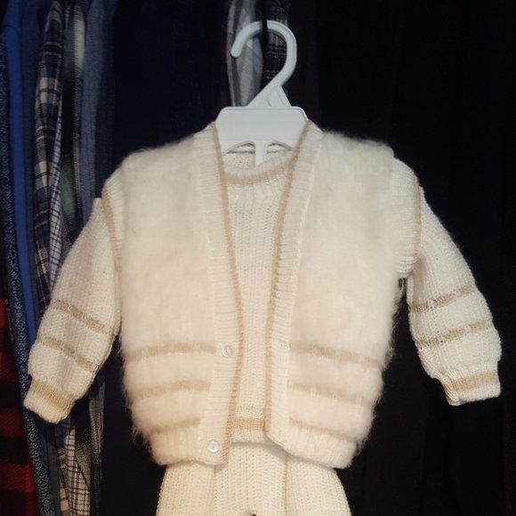 Precious Little Vintage 3pc Baby Boy Handknit Angora Vest Sweater 'n Pant Outfit - Picture 4 of 15